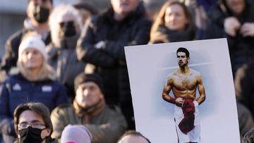 Supporters of Serbia&#x27;s Novak Djokovic protest in Belgrade, Serbia, Friday, Jan. 7, 2022.  