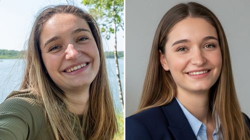 La foto a sinistra è un'immagine stock di una donna in posa per un selfie; quello a destra è il colpo alla testa professionale generato da Google Gemini in base al selfie.