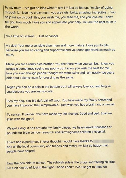 Part of  Finlay's heartfelt letter. (Supplied)
