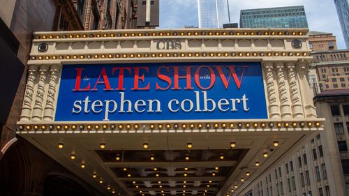New York City, New York, USA - July 19, 2022: Daytime cityscape view of the Ed Sullivan Theater and marquee on Broadway in Manhattan, current home of the Late Night With Stephen Colbert Show.