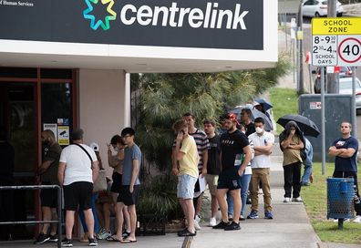 A line of unemployed Australians at Centrelink in Rockdale, Sydney.