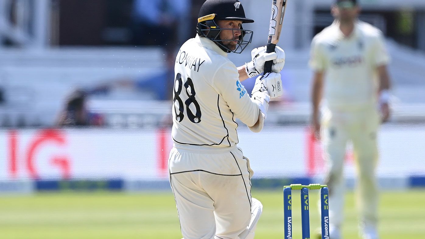 Devon Conway of New Zealand reaches his double century with a six during Day 2 of the First Test Match between England and New Zealand at Lord&#x27;s.