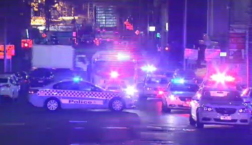 A massive police presence blocked roads in Melbourne CBD. Picture: 9NEWS