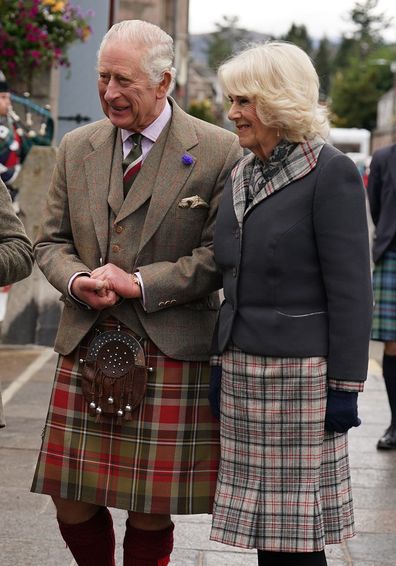 King Charles III and the Camilla, Queen Consort  as they attend a reception to thank the community of Aberdeenshire for their organisation and support following the death of Queen Elizabeth II at Station Square, the Victoria & Albert Halls, on 11th October, 2022 in Ballater, Scotland. 