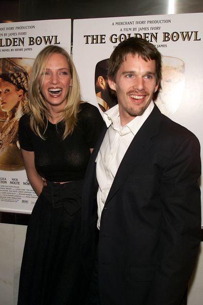 Uma Thurman with husband Ethan Hawke at the New York Premiere of Merchant Ivory's new film 'The Golden Bowl' at the Paris Theater in New York City. 04/24/2001. 