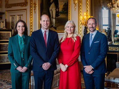 Crown Prince Haakon of Norway (R) and Crown Princess Mette-Marit of Norway (2ndR) visit Catherine, Princess of Wales and Prince William, Prince of Wales at Windsor Castle on March 2, 2023 in Windsor, England. 