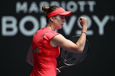 MELBOURNE, AUSTRALIA - JANUARY 20: Elina Svitolina of Ukraine celebrates a point against Veronika Kudermetova in the Women's Singles Fourth Round match during day nine of the 2025 Australian Open at Melbourne Park on January 20, 2025 in Melbourne, Australia. (Photo by Quinn Rooney/Getty Images)