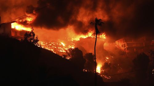 The Palisades Fire burns homes on a hilltop in the Pacific Palisades neighborhood of Los Angeles, Wednesday, Jan. 8, 2025. (AP Photo/Mark J. Terrill)