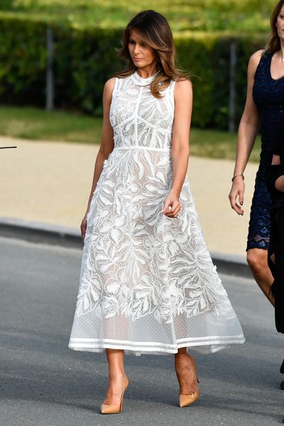 Melania Trump wears Elie Saab to attend a cocktail party for NATO summit in Brussels, July 2018
