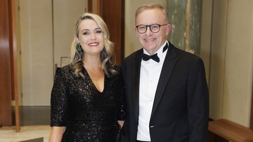 Jodie Haydon and Prime Minister Anthony Albanese during arrivals at the Midwinter Ball, at Parliament House in Canberra on Wednesday 7 September 2022. fedpol Photo: Alex Ellinghausen
