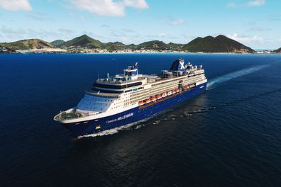 Celebrity Millennium, ML, Caribbean, St. Maarten, ship exterior, aerial, comp, Celebrity Revolution, blue hull, island