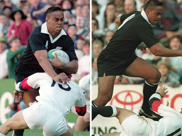 Jonah Lomu runs over Mike Catt at the 1995 World Cup. (AAP)