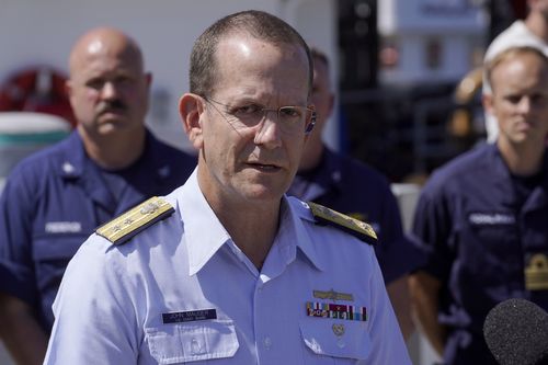 US Coast Guard Rear Adm. John Mauger, commander of the First Coast Guard District, talks to the media, Thursday, June 22, 2023, at Coast Guard Base Boston, in Boston 