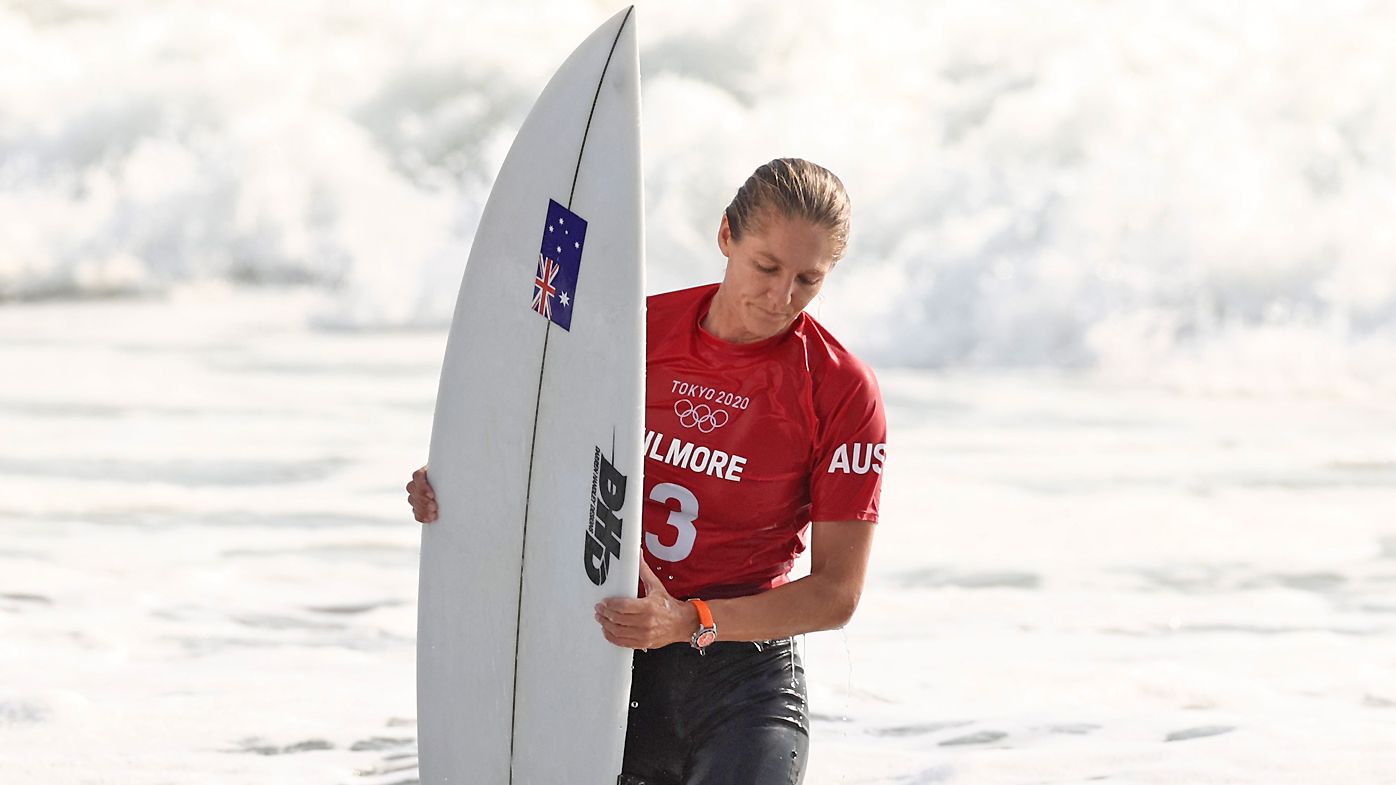 Stephanie Gilmore of Team Australia reacts after losing her Women&#x27;s Round 3 heat