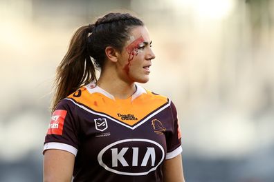 SYDNEY, AUSTRALIA - OCTOBER 10:  Millie Boyle of the Broncos looks on after the round two NRLW match between the St George Illawarra Dragons and the Brisbane Broncos at Bankwest Stadium on October 10, 2020 in Sydney, Australia. (Photo by Mark Kolbe/Getty Images)