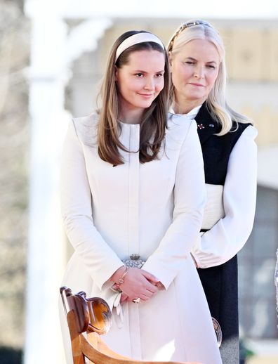 OSLO, NORWAY - APRIL 8: Crown Princess Mette-Marit of Norway and Princess Ingrid Alexandra attend the welcoming ceremony at The Royal Palace in conjunction with the Icelandic State Visit on April 8, 2025 in Oslo, Norway. (Photo by Rune Hellestad - Corbis/Getty Images)