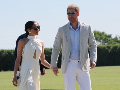 The Duke and Duchess of Sussex after arrive at the Royal Salute Polo Challenge, to benefit Sentebale, at The USPA National Polo Center in Wellington, Florida, US. Picture date: Friday April 12, 2024. (Photo by Yaroslav Sabitov/PA Images via Getty Images)