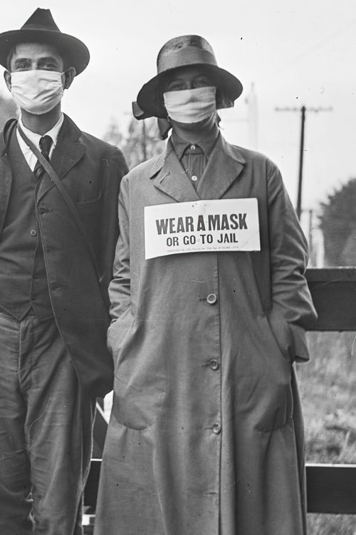 During the influenza epidemic, masks were common and in many cases mandated.