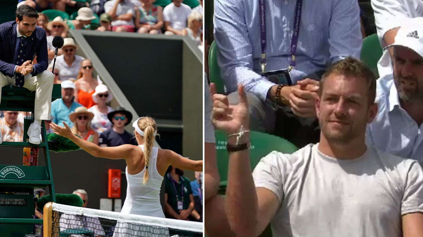 Wozniacki argues with the umpire as her husband looks on