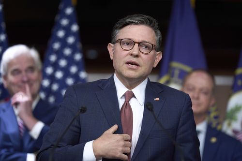 Speaker of the House Mike Johnson, R-La., talks about his discussions with Elon Musk this week as he meets with reporters to discuss work on President Donald Trump's bill of tax breaks and spending cuts, at the Capitol in Washington, Wednesday, June 4, 2025. (AP Photo/J. Scott Applewhite)