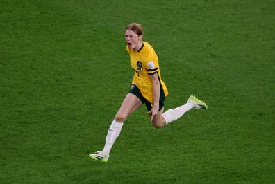 Australia's Cortnee Vine celebrates scoring a penalty for Australia's Matildas during the penalty shootout and progressing to the semi finals of the FIFA Women's World Cup.