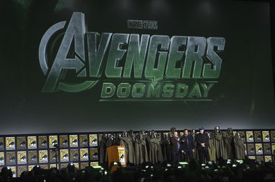 Joe Russo, from left, Anthony Russo, and Kevin Feige attend a panel for Marvel Studios during Comic-Con International