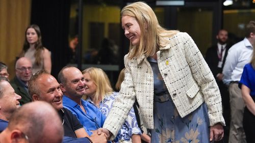 Amelia Hamer shakes hands with voters at a community event.