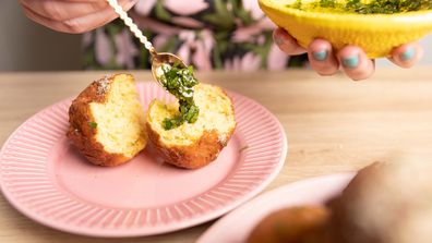 Mashed potato doughnuts with herbed sauce