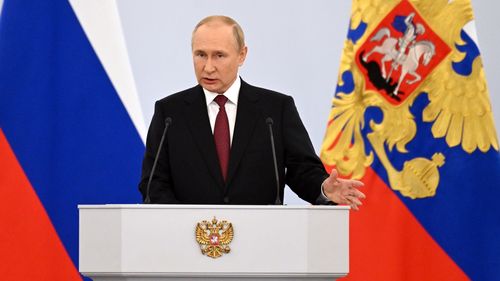 Russian President Vladimir Putin speaks during celebrations marking the incorporation of regions of Ukraine to join Russia, in Red Square in Moscow, Russia, Friday, Sept. 30, 2022. 