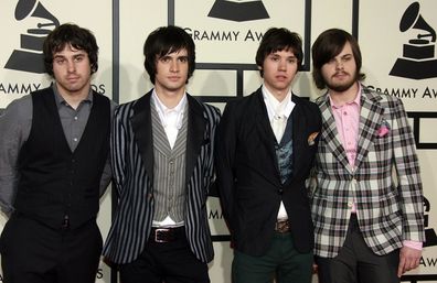 From left to right: Musicians Jon Walker, Brendon Urie, Ryan Ross, and Spencer Smith arrive at the 50th annual Grammy awards held at the Staples Center on February 10, 2008 in Los Angeles, California.