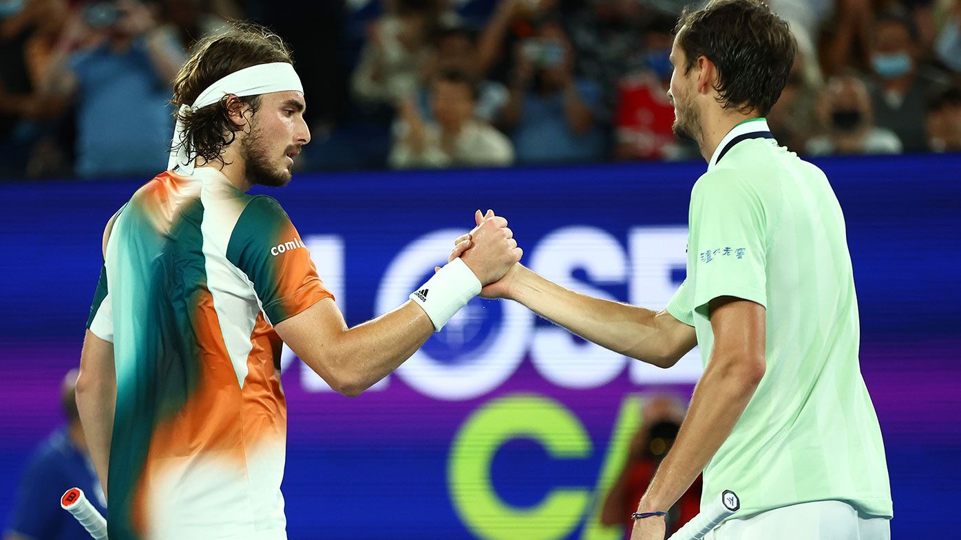 Daniil Medvedev (R) of Russia shakes hand with Stefanos Tsitsipas of Greece after winning his Men&#x27;s Singles semi-final