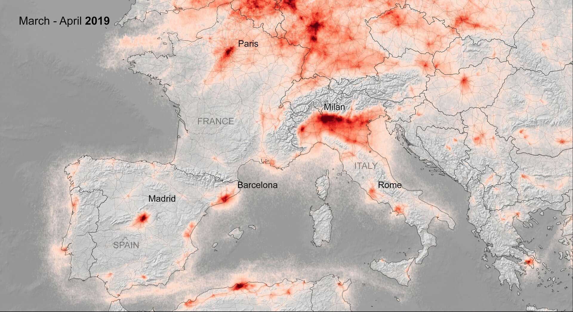 Nitrogen dioxide levels above southern Europe.