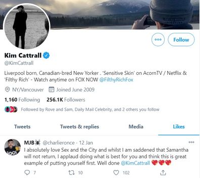 Kim Cattrall liked a fan's comment about not returning for a sequel.