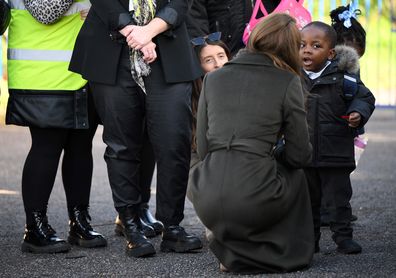 Kate, Princess of Wales, talks with children as she leaves after her visit to Colham Manor Children's Centre in Hillingdon in West London, Wednesday, November 9, 2022.