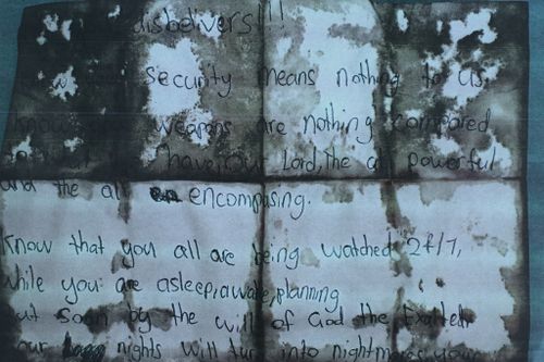 The bloodstained note found near Jabar's body. (AAP)
