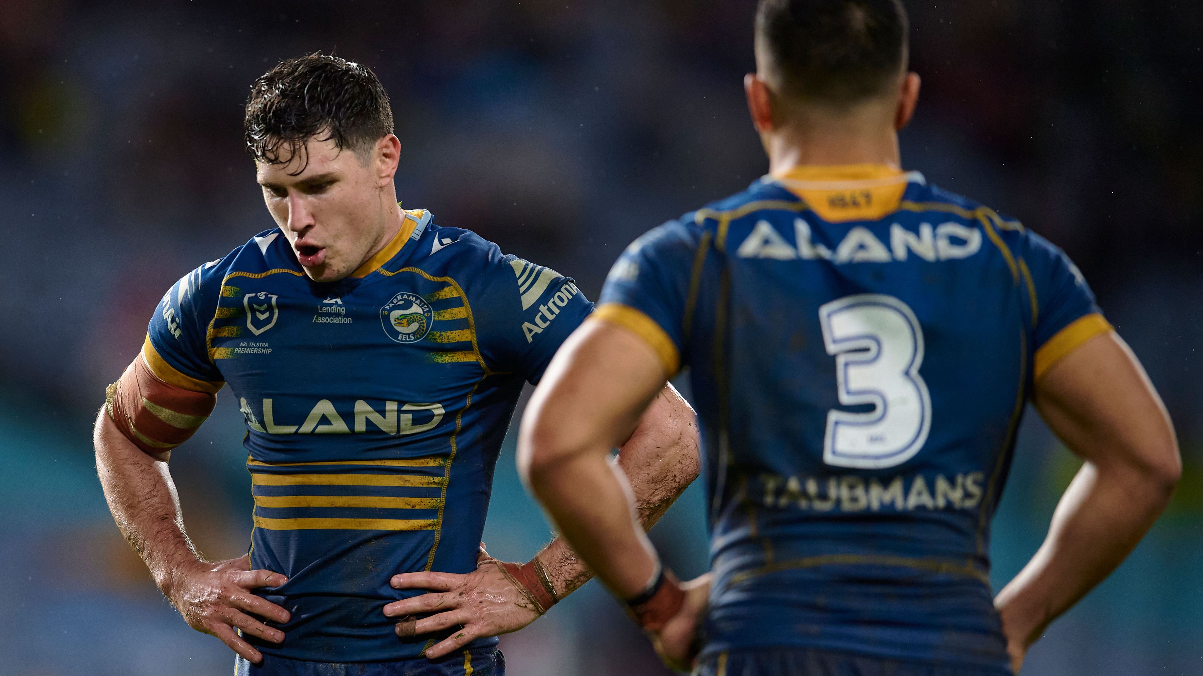 Mitchell Moses reacts during the Eels&#x27; loss to the Rabbitohs in round 16.