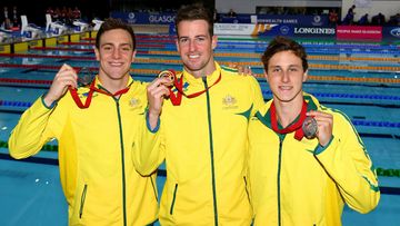 Fellow Australians James Magnussen with silver medallist Cameron McEvoy and bronze medallist Tommaso D'Orsogna.