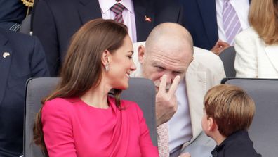 Catherine, Duchess of Cambridge, Mike Tindall and Prince Louis of Cambridge speak ahead the Platinum Pageant on June 05, 2022 in London, England.
