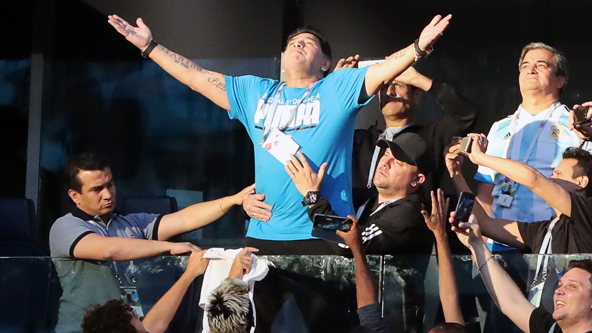 Diego Maradona soaks up the atmosphere during the Argentina-Nigeria 2018 World Cup clash.