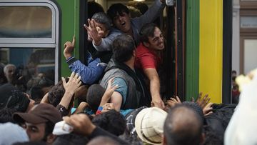 Migrants in Hungary try to board a train.