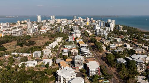 An aerial photo of Darwin, the capital city of the Northern Territory of Australia showing the central business district and nearby suburbs