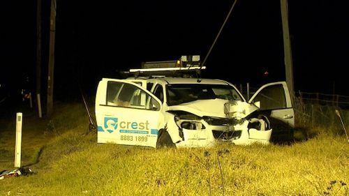 The 35-year-old driver was found suffering a gunshot wound at the crash on The Northern Road. Picture: 9NEWS