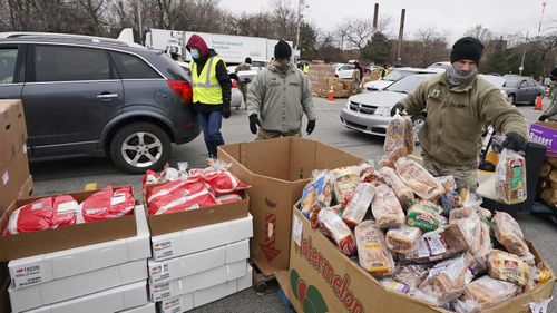 A food bank is organised to help hungry families in Cleveland, Ohio.