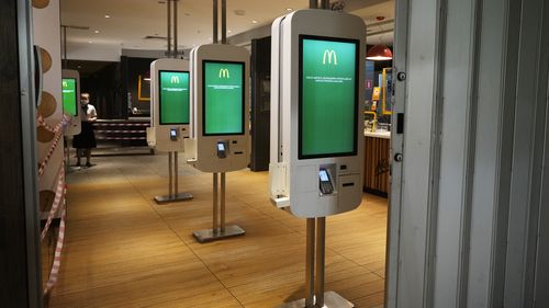 A view of an empty McDonald's restaurant closed to visitors in St. Petersburg, Russia.