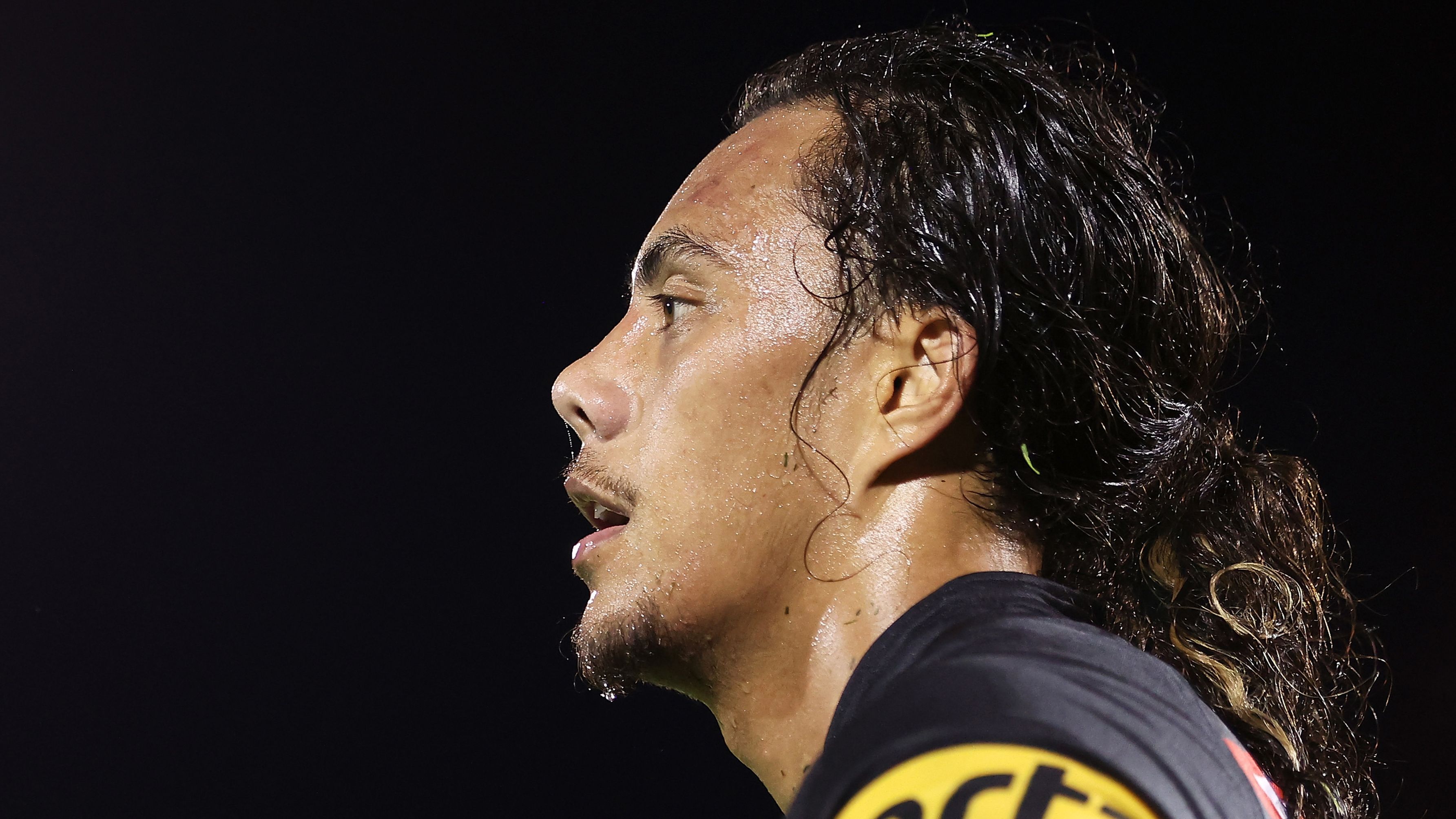 PENRITH, AUSTRALIA - MARCH 03: Jarome Luai of the Panthers watches on during the round NRL match between the Penrith Panthers and the Brisbane Broncos at BlueBet Stadium on March 03, 2023 in Penrith, Australia. (Photo by Mark Kolbe/Getty Images)