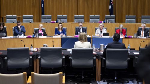 Optus CEO Kelly Bayer Rosmarin and Lambo Kanagaratnam, Optus, Managing Director, Networks, during a Senate hearing