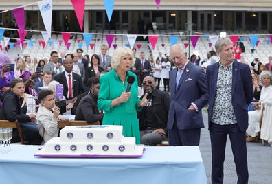Camilla, Duchess of Cornwall gives a speech as she and Prince Charles, Prince of Wales attend the Grand Jubilee Lunch at The Oval on 5 June 2022 in London, England