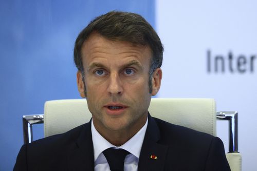 French President Emmanuel Macron speaks following a government emergency meeting after riots erupted for the third night in a row across the country, at the Interior Ministry in Paris, Friday, June 30, 2023.  