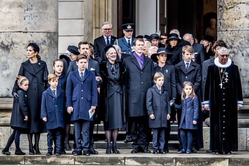 The Danish Royal Family on the front steps of the Copenhagen chapel. Picture: AAP