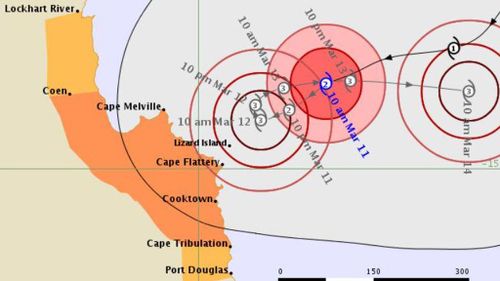 The cyclone is expected to intensify into a category three by 7am tomorrow, with a severe weather warning issued for much of the Queensland coast. (Bureau of Meteorology) 
